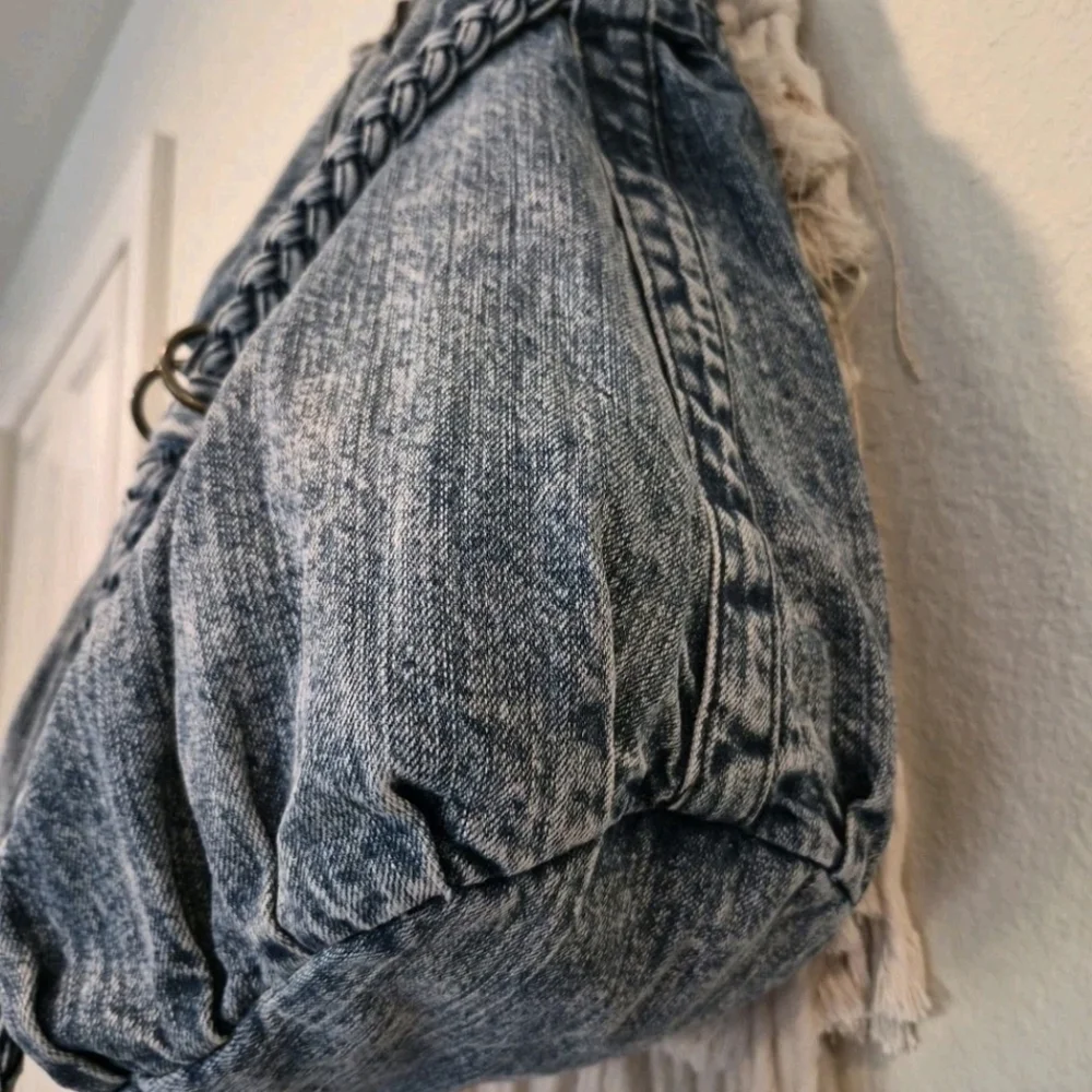 Vtg Denim Braided Detail Zipper Closure Boho Bohemian Hobo Shoulder Bag